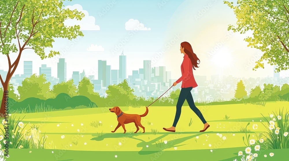 Fototapeta premium A professional pet sitter walking a dog in a peaceful park, with trees, grass, and a relaxed, sunny atmosphere.
