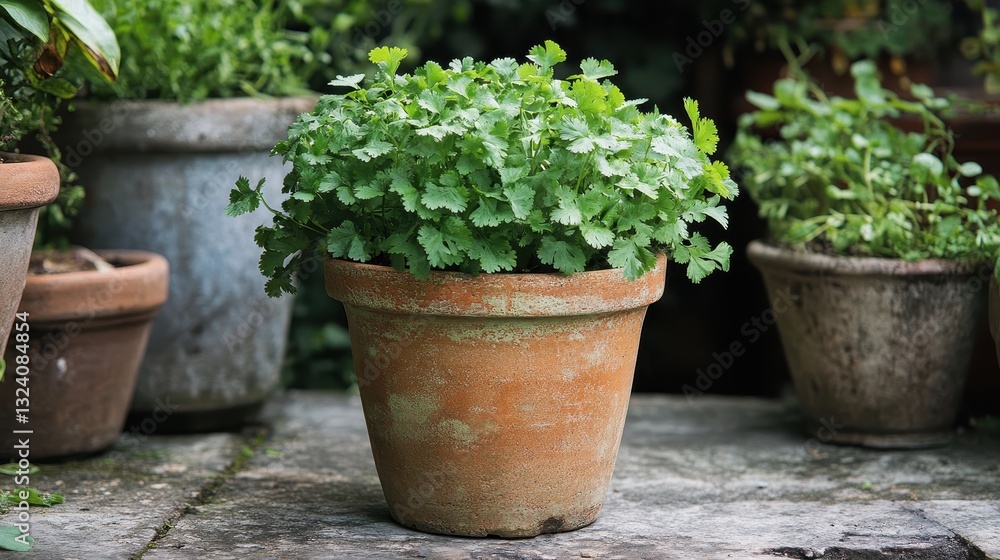 A verdant backdrop hosts a vibrant cilantro pot, its slender leaves reaching towards the sun, a symbol of freshness and culinary delight in the kitchen garden. A verdant backdrop hosts a vibrant cilantro pot, its slender leaves reaching towards the sun, a symbol of freshness and culinary delight in the kitchen garden.