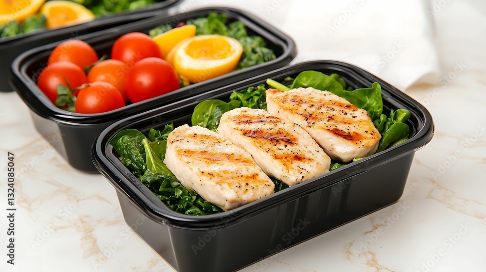 A meal prep container featuring grilled chicken, fresh spinach, cherry tomatoes, and lemon slices, highlighting healthy eating. A meal prep container featuring grilled chicken, fresh spinach, cherry tomatoes, and lemon slices, highlighting healthy eating.