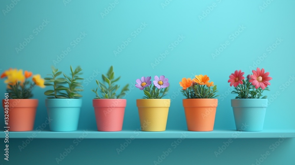Vibrant flower pots displayed on shelf indoor setting colorful plants home decor close-up view aesthetic appeal Vibrant flower pots displayed on shelf indoor setting colorful plants home decor close-up view aesthetic appeal