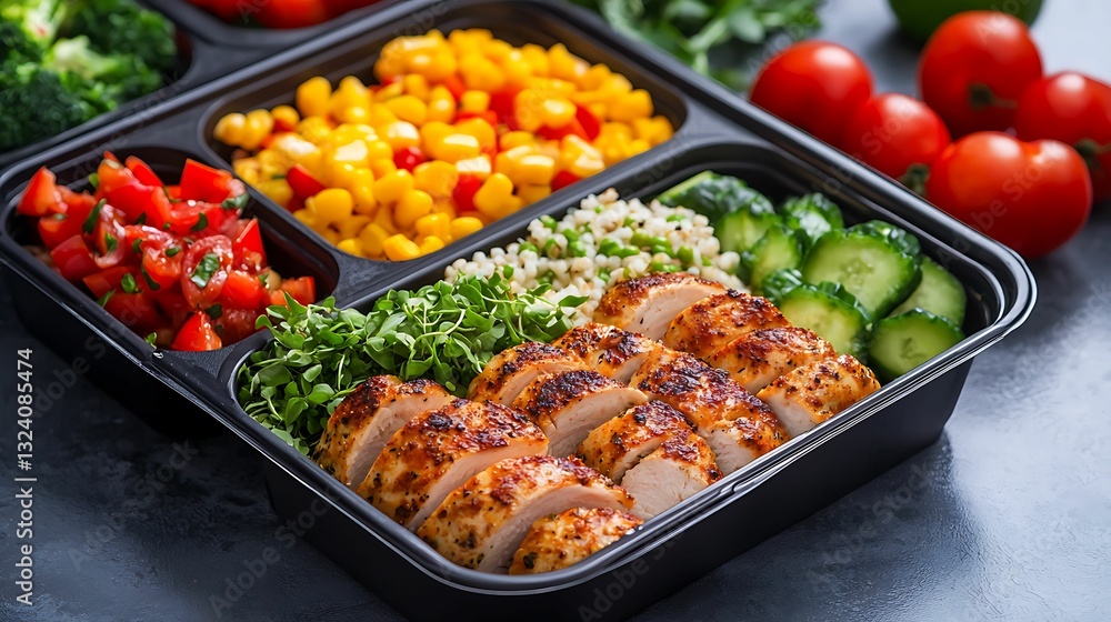 A colorful meal prep box featuring grilled chicken, fresh vegetables, and grains, presenting a healthy and balanced eating option. A colorful meal prep box featuring grilled chicken, fresh vegetables, and grains, presenting a healthy and balanced eating option.