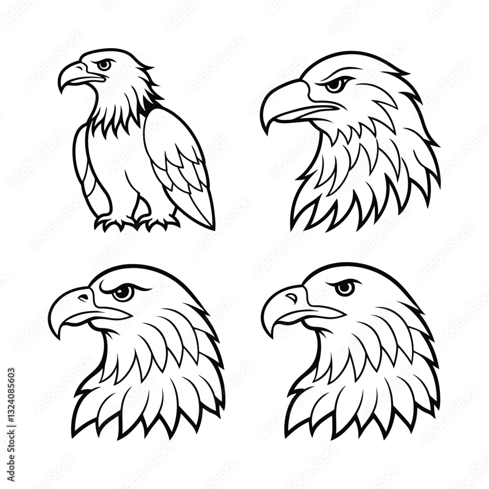 Obraz premium Black and White Eagle Illustrations with Different Head Poses