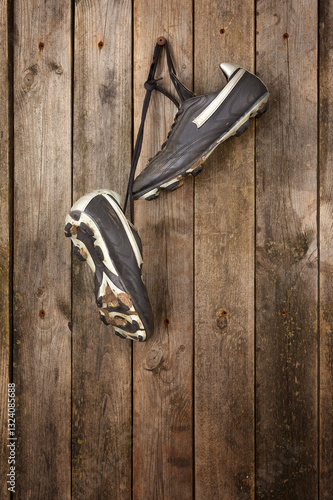Soccer shoes hanging on a weathered wooden wall