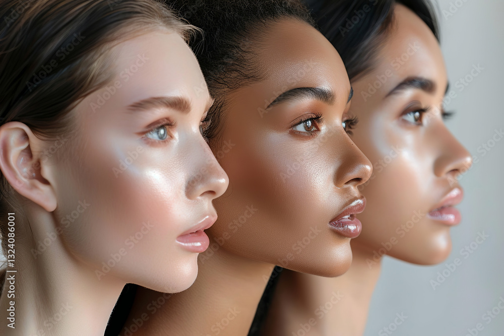 Four women with diverse skin tones in profile. Represents diversity, beauty, inclusion, . cosmetics, skincare, and multiculturalism Four women with diverse skin tones in profile. Represents diversity, beauty, inclusion, . cosmetics, skincare, and multiculturalism