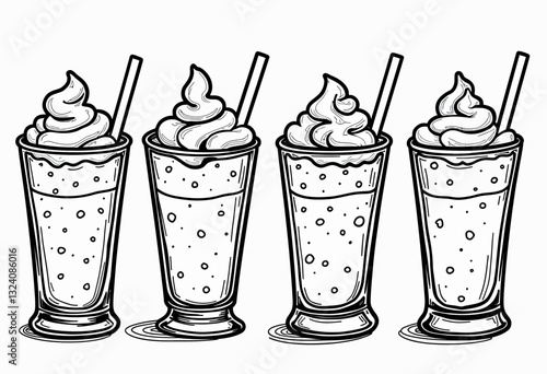 Sweet Treats Line Art: Customizable Line Drawing Featuring an Array of Milkshakes and Frappes, Perfect for Café Menus, Coloring Books, and DIY Craft Projects Celebrating Desserts.

