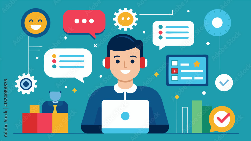 Machine learning algorithms can analyze customer feedback and sentiment to identify potential areas for improvement in customer service practices.. Vector illustration Machine learning algorithms can analyze customer feedback and sentiment to identify potential areas for improvement in customer service practices.. Vector illustration