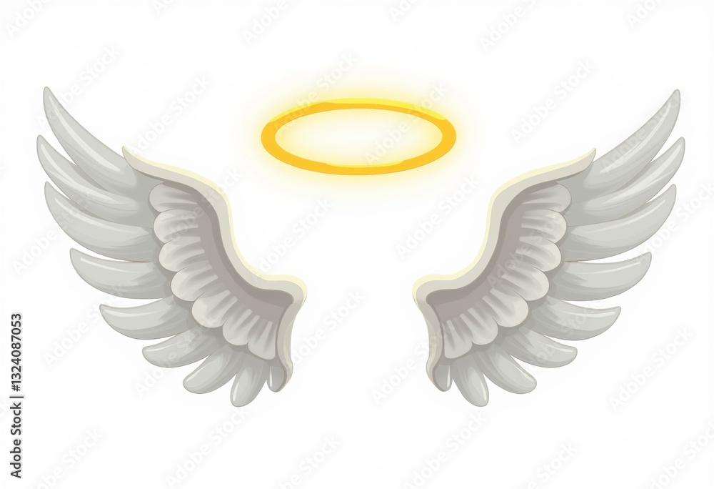 Obraz premium Bring a heavenly aesthetic to your visual content with these charming cartoon angel wings and a luminous golden halo, set against a seamless white background.