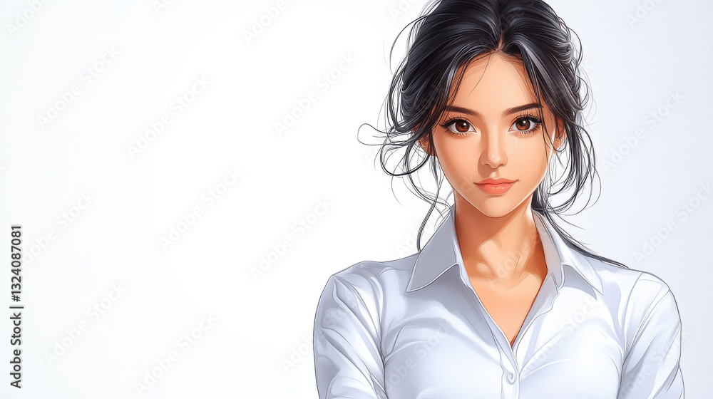young woman with long dark hair, wearing white shirt, poses confidently against light background, exuding sense of professionalism and poise young woman with long dark hair, wearing white shirt, poses confidently against light background, exuding sense of professionalism and poise