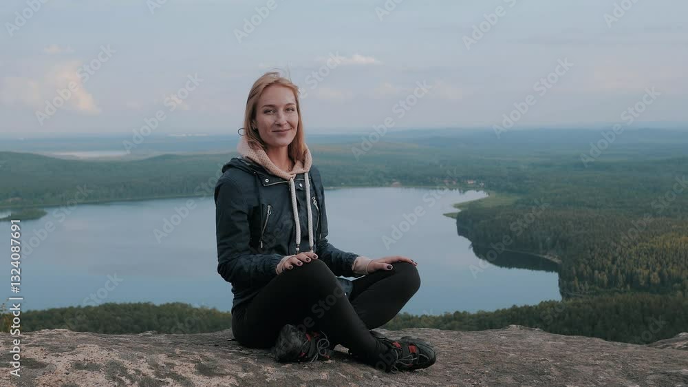 Young woman meditating on mountain top overlooking lake Young woman meditating on mountain top overlooking lake