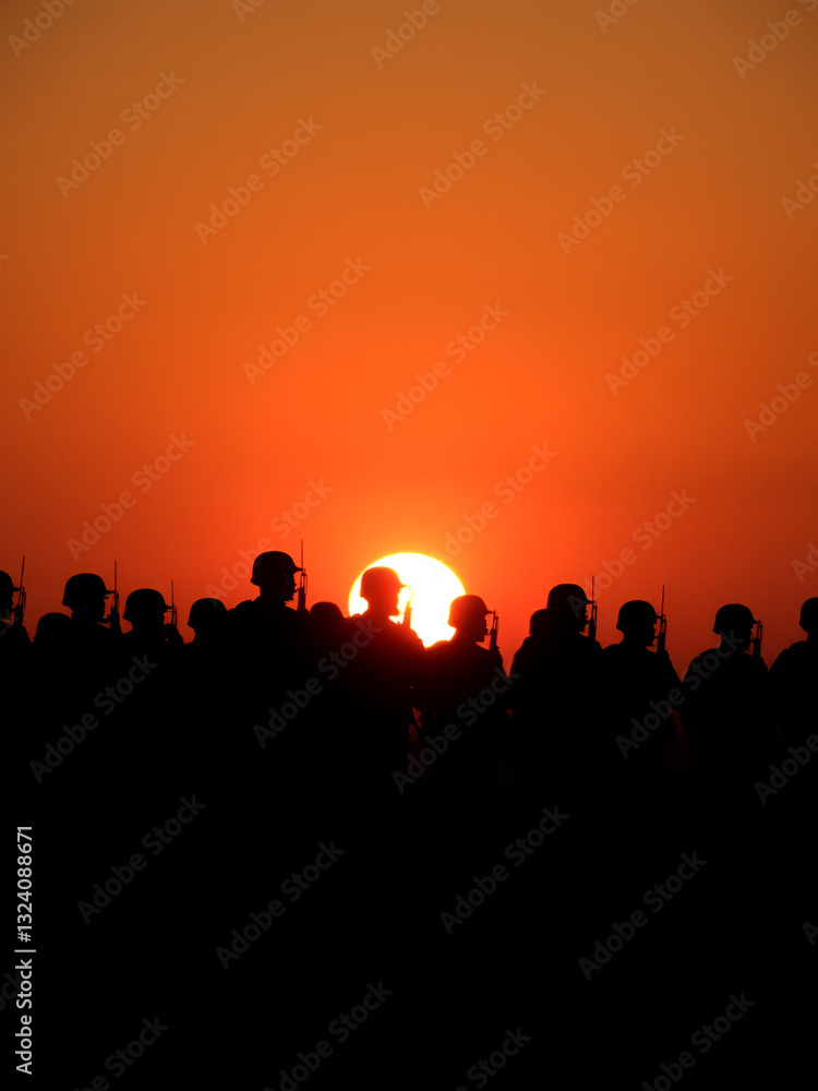 Silhouette of a platoon of army soldiers at sunset Silhouette of a platoon of army soldiers at sunset