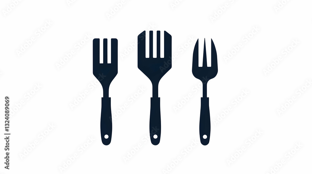 Three Kitchen Tools: Spatula, Turner, and Fork on White Background Three Kitchen Tools: Spatula, Turner, and Fork on White Background