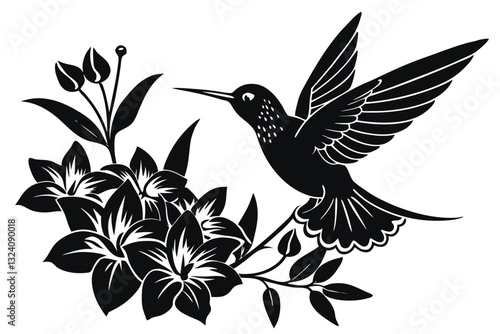 hummingbird drinking nectar from the flower. Exotic silhouette bird flying in the field grass. Decorative plants in a circle. Line art