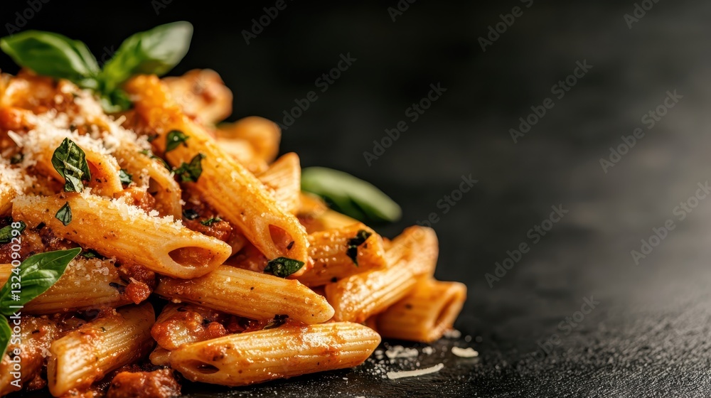 A beautifully plated pasta dish featuring penne, rich tomato sauce, and fresh basil, perfect for showcasing culinary art in food photography. A beautifully plated pasta dish featuring penne, rich tomato sauce, and fresh basil, perfect for showcasing culinary art in food photography.