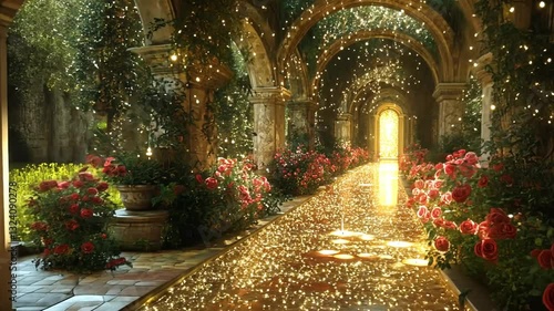 Enchanting rose garden walkway, magical light footage