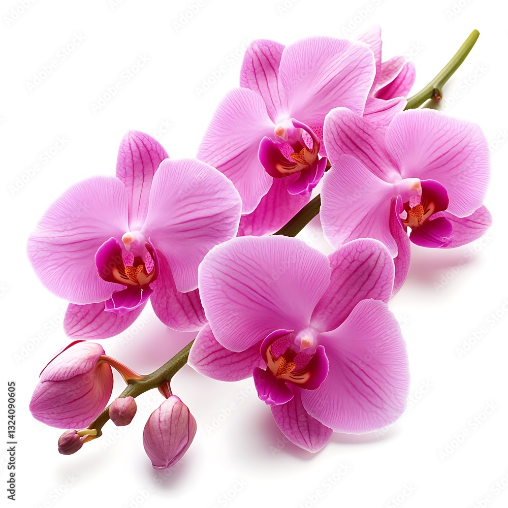 A beautiful stem of pink orchids blooming against a white background A beautiful stem of pink orchids blooming against a white background