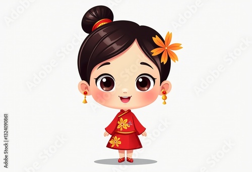 Bring joy with a Chinese baby cartoon: A front-view, flat drawing of a smiling baby girl, standing and isolated against a crisp white background.

