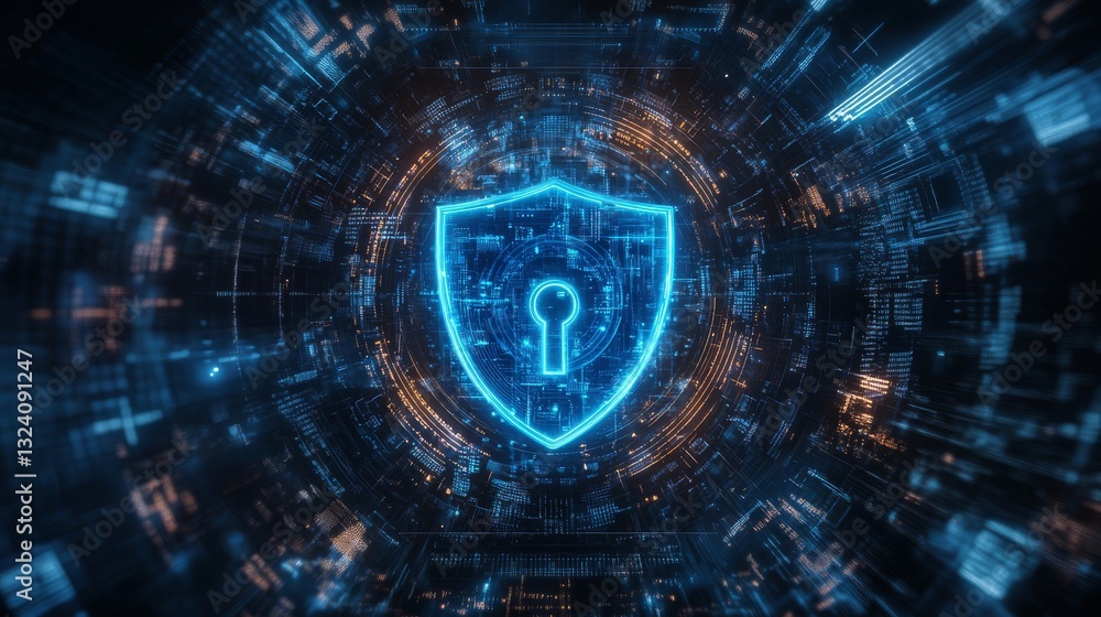 Obraz premium Glowing Cybersecurity Shield and Encrypted Data Network