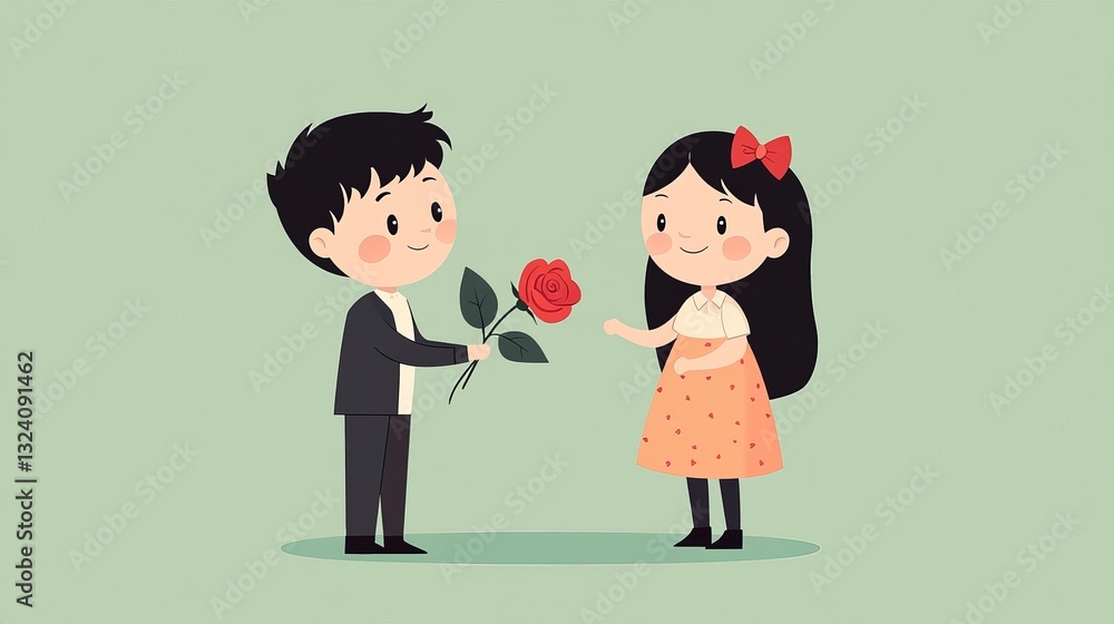 Flat illustration of a boy giving a red rose bouquet to a smiling girl symbolizing love, romance, and kindness Flat illustration of a boy giving a red rose bouquet to a smiling girl symbolizing love, romance, and kindness