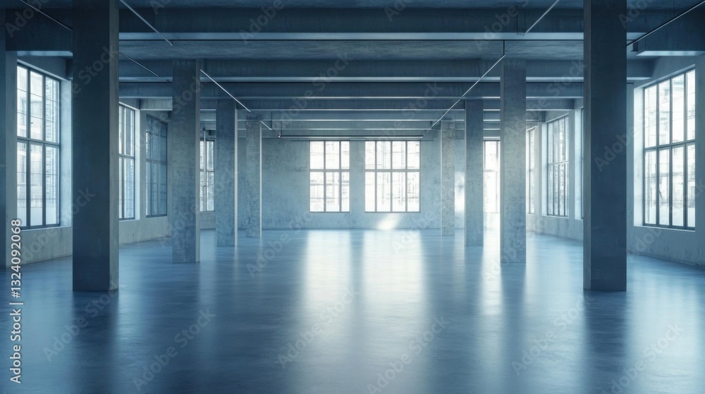 Empty industrial space with large windows. Empty industrial space with large windows.