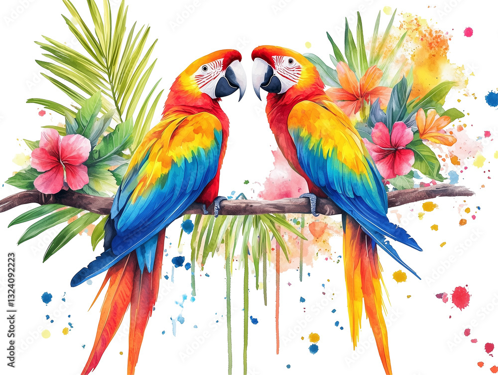 Obraz premium set of two tropical Birds Watercolor Painting Scarlet Macaw Blue and gold Macaw Exotic Flowers Lush Foliage, PNG file isolated on transparent background cut out, clipping path, social media, close up,