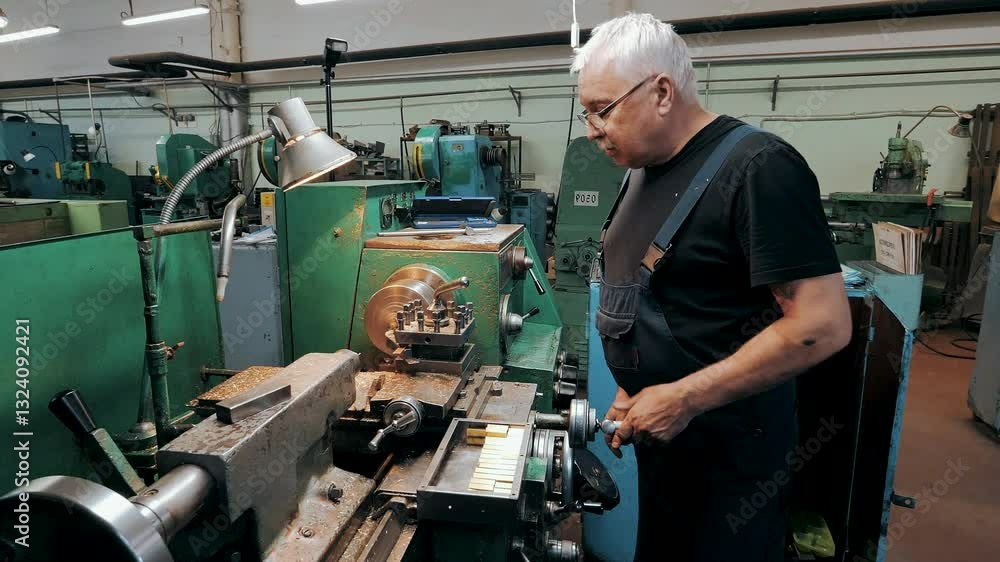 Senior turner machining brass part on lathe machine in factory Senior turner machining brass part on lathe machine in factory