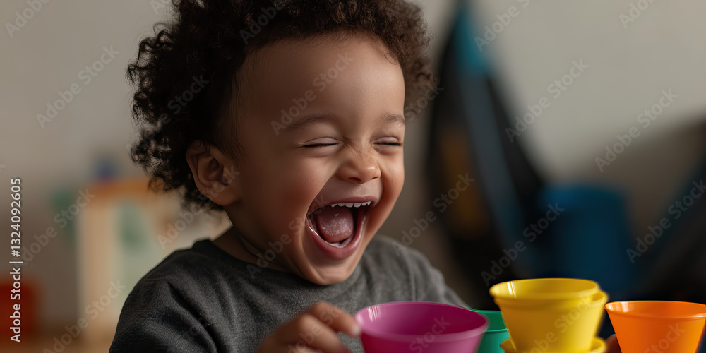 Toddler Laughing While Playing with Stacking Cups Toddler Laughing While Playing with Stacking Cups