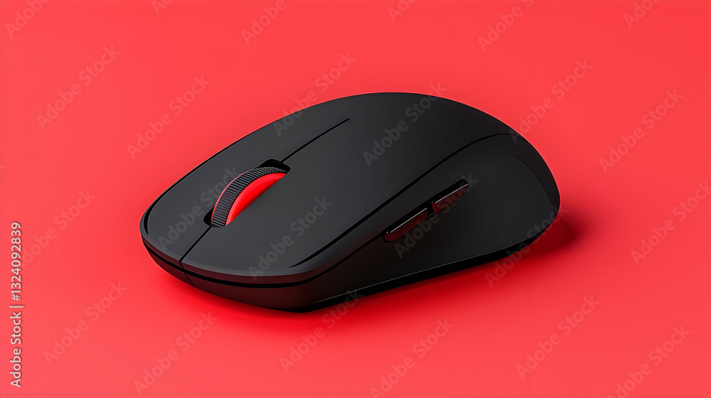 Sleek Black Computer Mouse on Vibrant Red Background for Technology Use Sleek Black Computer Mouse on Vibrant Red Background for Technology Use