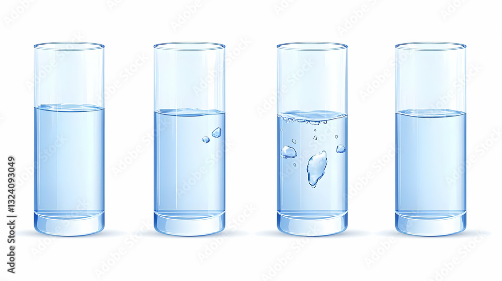 Four Transparent Glasses with Water at Varying Levels of Fullness Four Transparent Glasses with Water at Varying Levels of Fullness