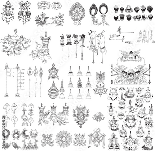 Buddhism religion sketches with Buddhist religious symbols. 