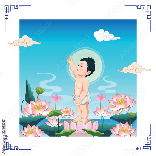 Cute little Buddha standing in lotus. Flat vector cartoon design