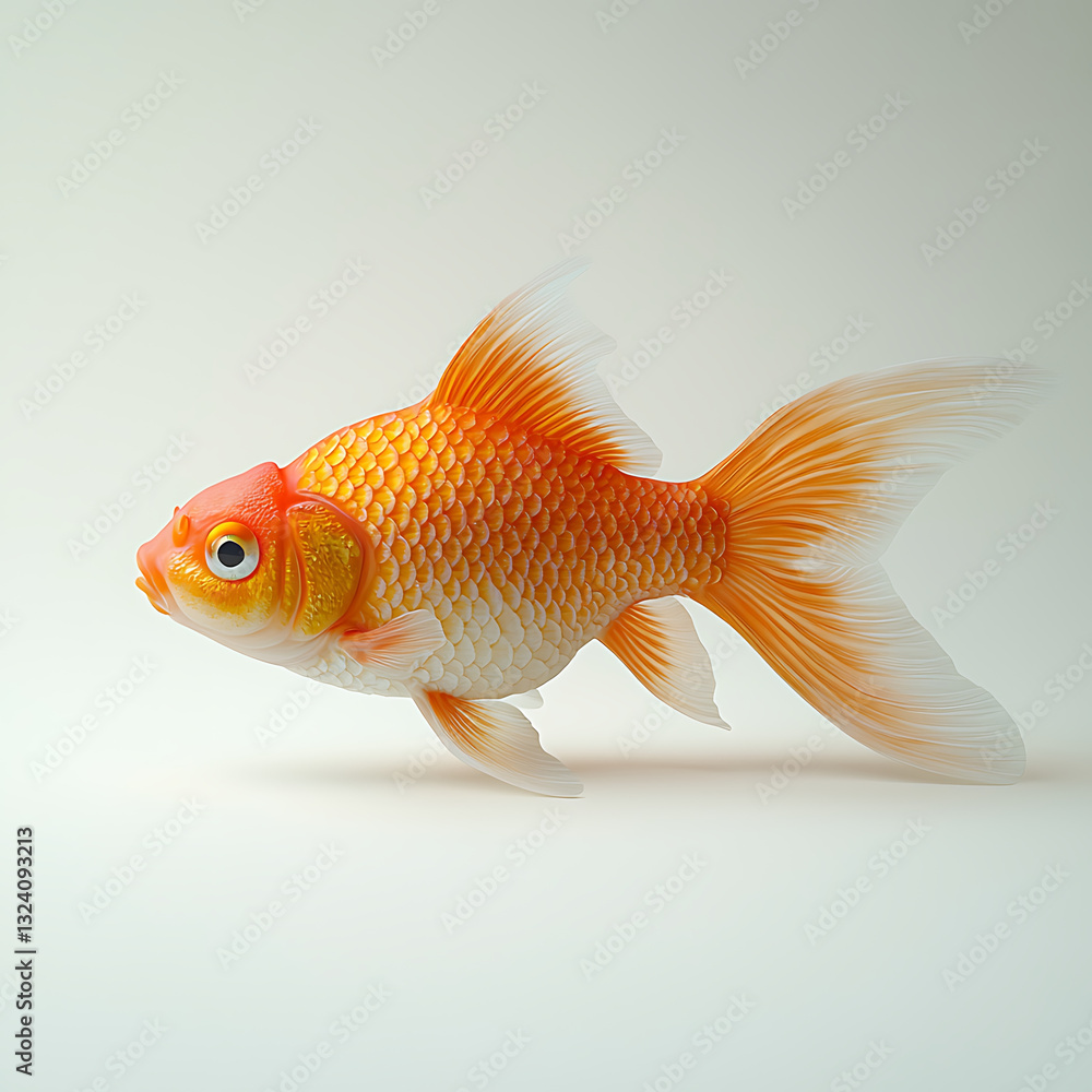 Golden orange and white goldfish with flowing fins swimming in front of a plain light-colored background. Golden orange and white goldfish with flowing fins swimming in front of a plain light-colored background.