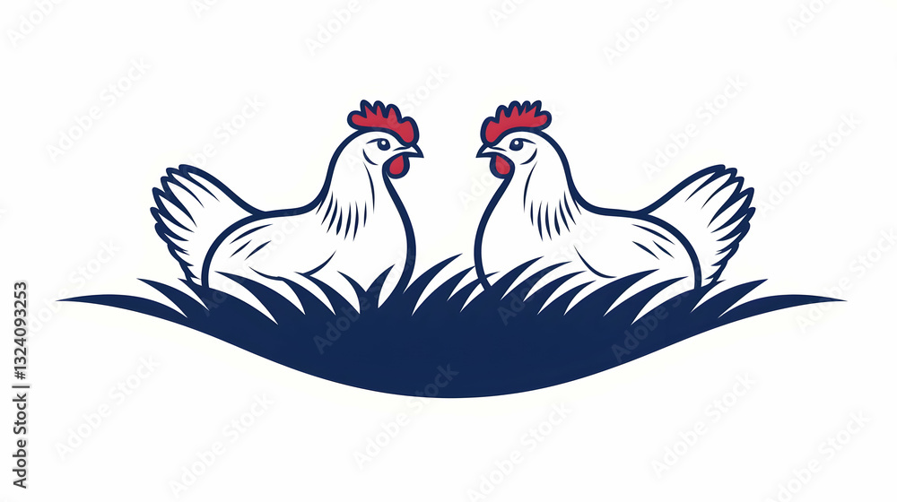 Obraz premium Two Chickens Sitting on Grass with a Simplistic Design