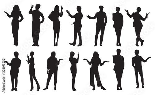 Set of black silhouettes of different people, men and women standing full length and pointing to the side and up with fingers and arms. Flat vector illustration isolated on transparent background