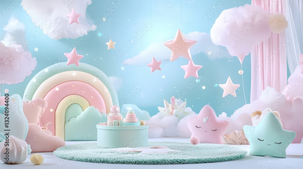 A pastel-toned baby room with a relaxing atmosphere, plush rugs, and beautifully arranged decorations. A pastel-toned baby room with a relaxing atmosphere, plush rugs, and beautifully arranged decorations.