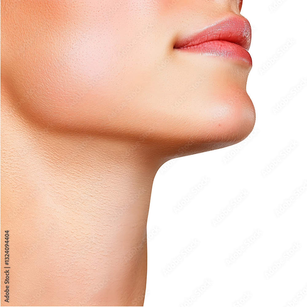 Fototapeta premium Close-up of a woman's lower face highlighting her smooth skin defined jawline and softly tinted lips against a white background.