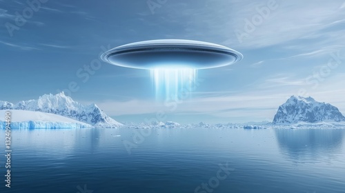 Iceberg antarctica impact. A futuristic flying saucer hovers over icy waters, emitting beams of light, with snowy landscapes in the background under a serene blue sky.
