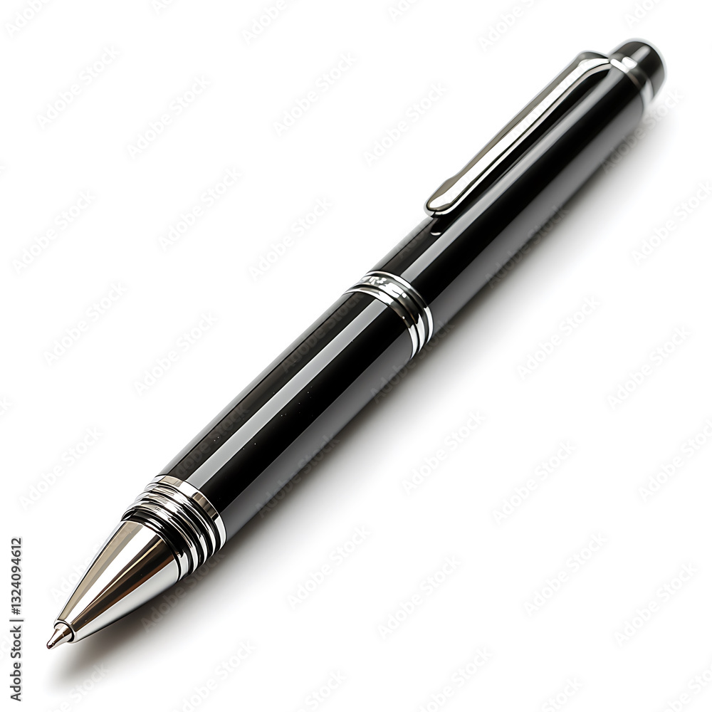 Sleek black pen with silver accents angled on a white surface casting a soft shadow; professional writing instrument. Sleek black pen with silver accents angled on a white surface casting a soft shadow; professional writing instrument.
