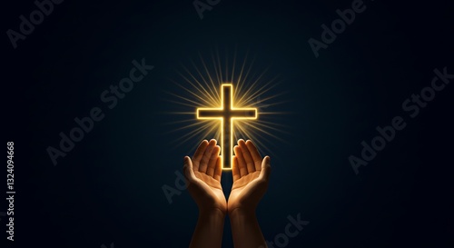 Hands holding a glowing cross. Religious, spiritual design perfect for faith, hope, or prayer themes.
