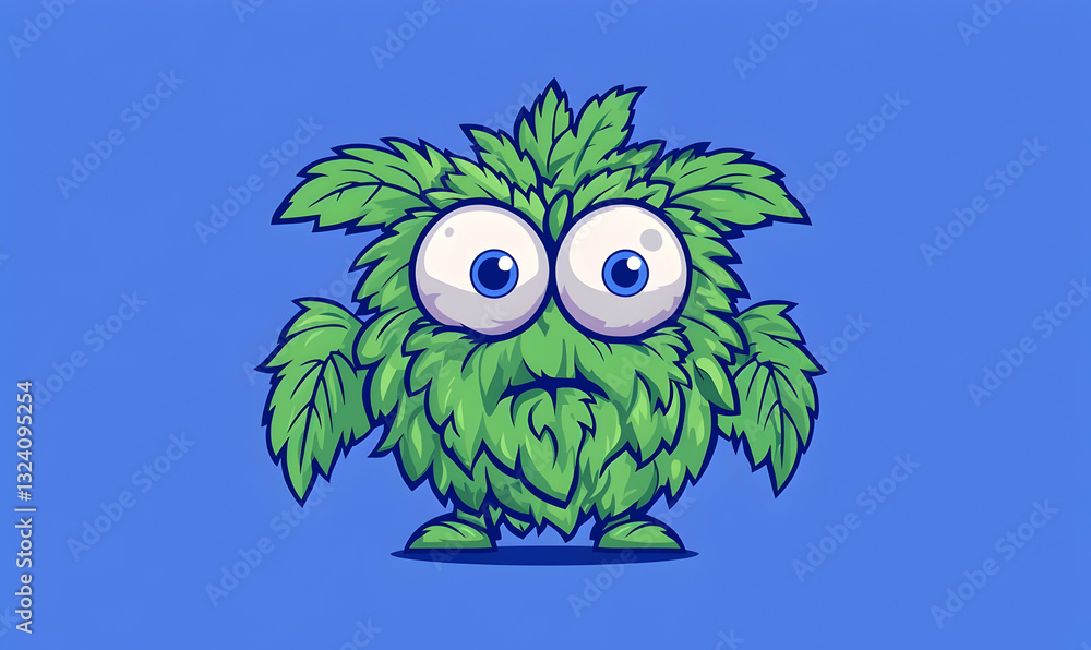 Fototapeta premium Cute Green Creature with Big Eyes Surrounded by Leafy Foliage