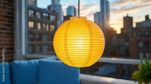 Illuminated Amber Paper Lantern Hanging on City Balcony at Sunset