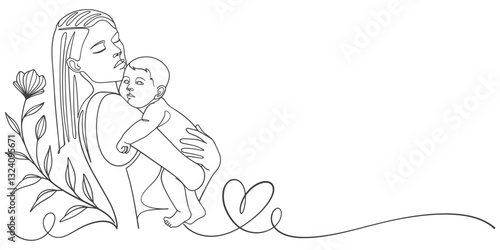 Mother and baby line art style vector illustration, mothers day celebration background