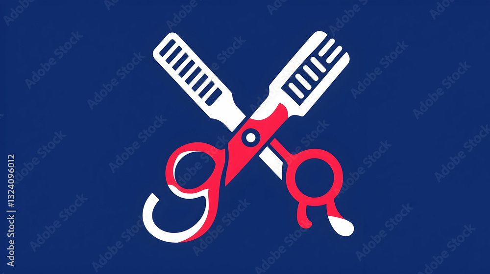 Stylish Graphic of Scissors and Comb in Bold Colors on a Blue Background Stylish Graphic of Scissors and Comb in Bold Colors on a Blue Background