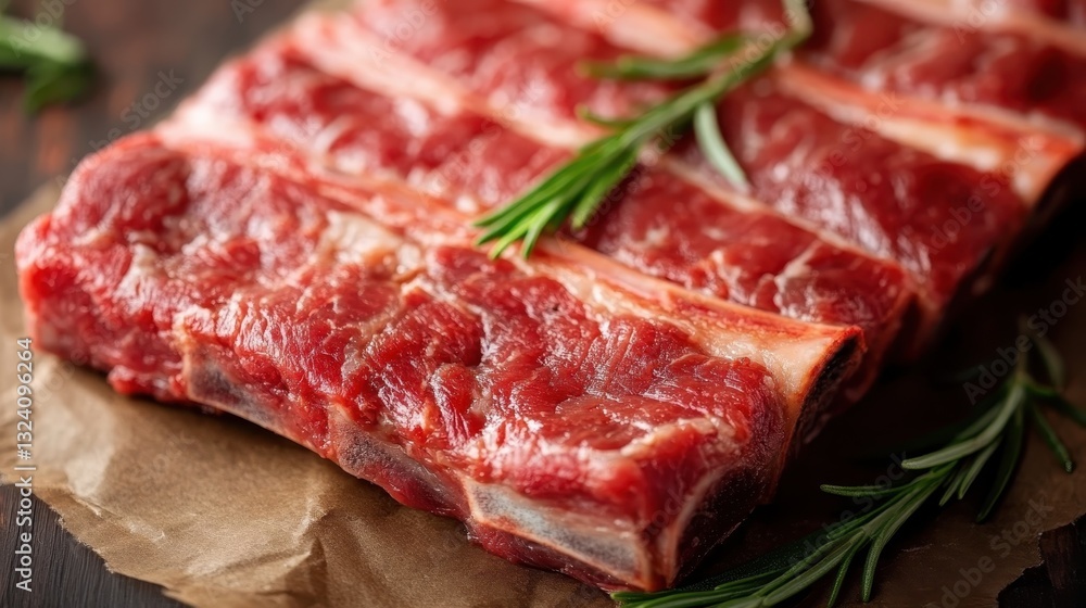 An enticing close-up image displaying beef ribs garnished with fresh rosemary, focusing on the rich textures and colors that embody culinary delight and hearty meals. An enticing close-up image displaying beef ribs garnished with fresh rosemary, focusing on the rich textures and colors that embody culinary delight and hearty meals.