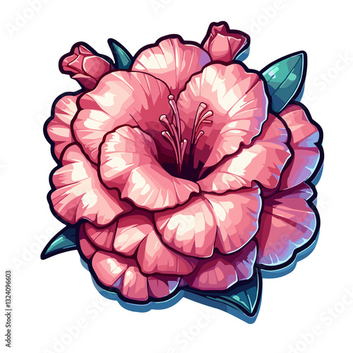 Stylized hibiscus flower with vibrant pink petals and green leaves