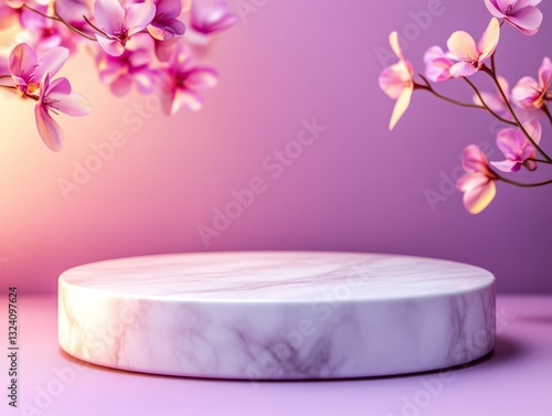 Elegant display pedestal surrounded by pink orchids on a soft purple background