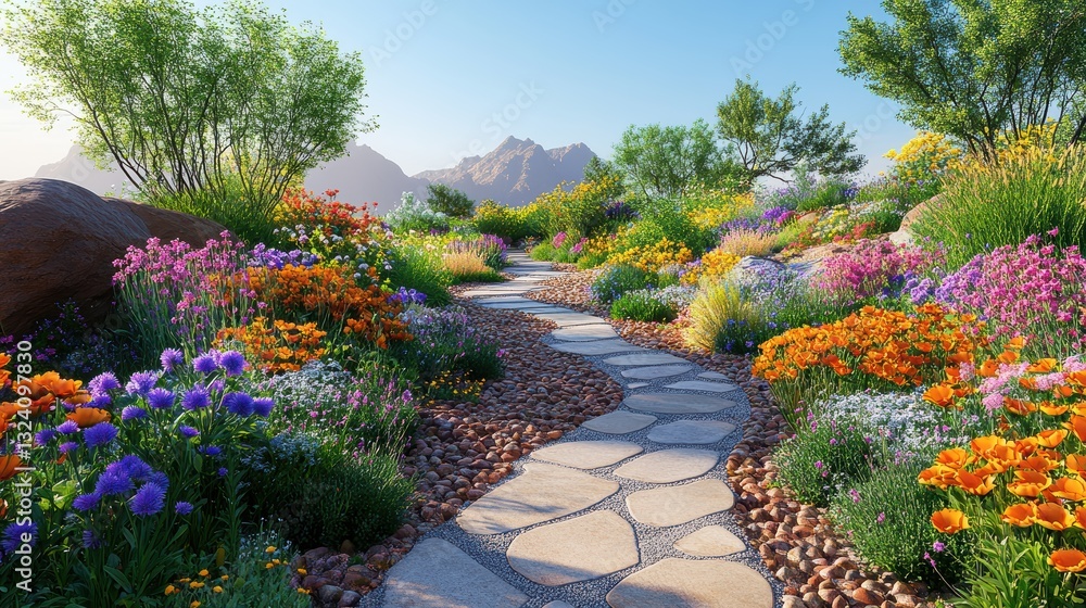 Enchanting Flower Garden with a Stone Pathway Beside a Brick House on a Sunny Day, Featuring Vibrant Blooming Flowers, Lush Greenery, and a Bright Blue Sky with White Clouds