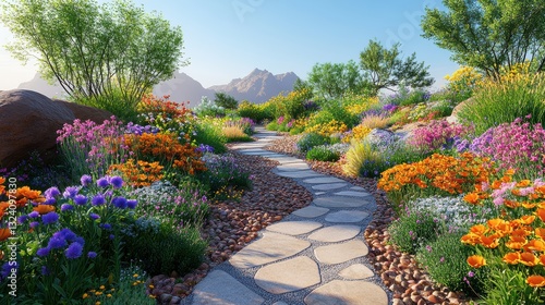Obraz na płótnie Enchanting Flower Garden with a Stone Pathway Beside a Brick House on a Sunny Day, Featuring Vibrant Blooming Flowers, Lush Greenery, and a Bright Blue Sky with White Clouds w salonie