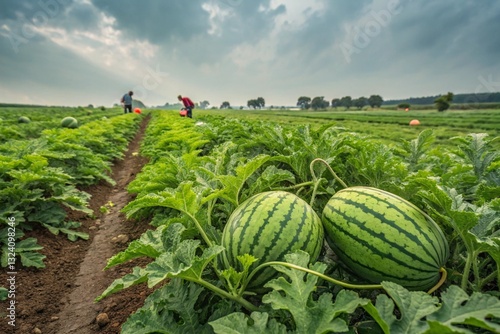 Watermelons growing on a field. Watermelon plantation. Gardeners pick watermelons