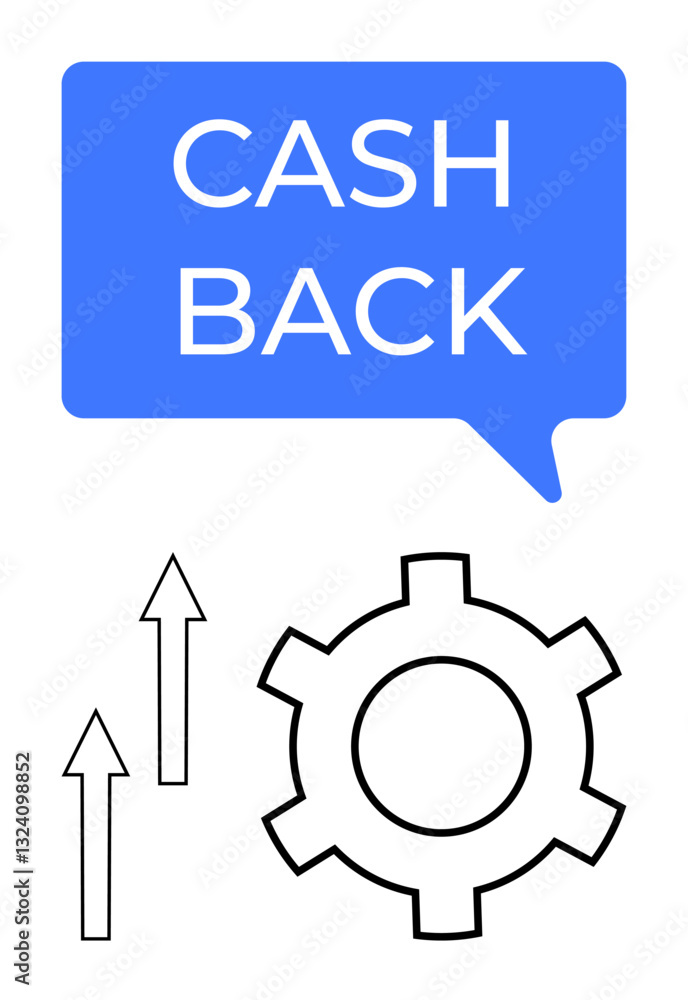 Cash Back text in a speech bubble, gear icon, and upward arrows imply financial incentives, rewards, and growth. Ideal for finance, savings, business strategy, cashback offer customer benefits Cash Back text in a speech bubble, gear icon, and upward arrows imply financial incentives, rewards, and growth. Ideal for finance, savings, business strategy, cashback offer customer benefits
