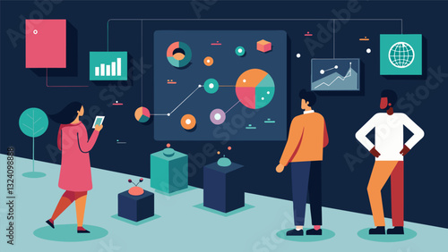 In a gallery a curated exhibit showcases the use of data visualization in understanding cultural shifts and societal issues featuring interactive installations and infographics.. Vector illustration